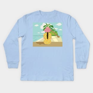 Lady with a yellow dress at the seaside Kids Long Sleeve T-Shirt